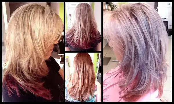 Gestufte mittellange Haare mit blonden Strähnen und farbigen Spitzen im modernen Stil.