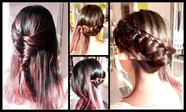 Geflochtene Frisur für mittellanges Haar mit glänzenden braunen und roten Akzenten.