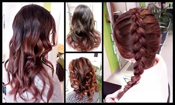 Verschiedene Damenfrisuren mit Locken und Flechtzopf zeigen moderne Haarstyling-Ideen.