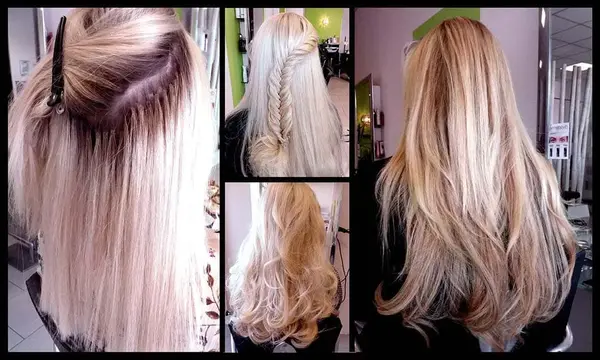 Verschiedene Ansichten von blonden Haarverlängerungen mit glattem und geflochtenem Styling.