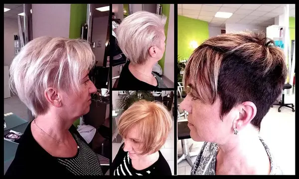 Kurzhaarfrisuren für Damen im modernen Friseursalon, verschiedene Schnitte und Stylings.