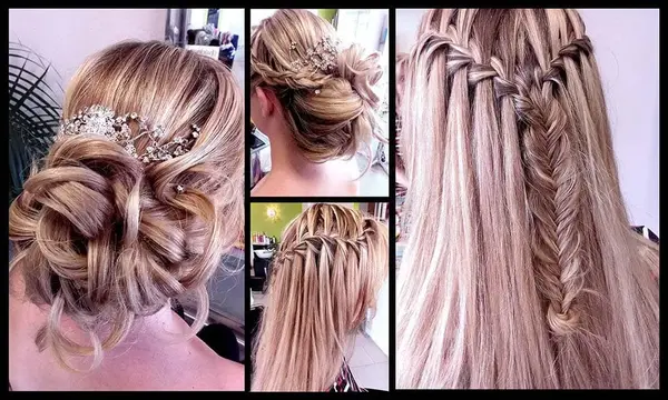 Verschiedene aufwendig geflochtene und gesteckte Brautfrisuren für lange blonde Haare.